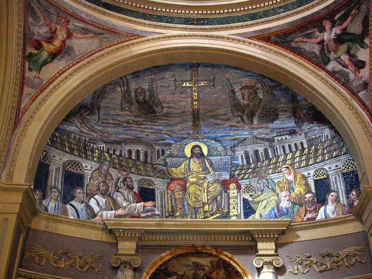 Early Christian apse mosaic of Christ enthroned among the apostles, with a jeweled cross in the sky above and the winged man, lion, ox and eagle in the clouds around it