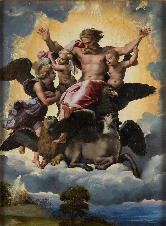 Painting of God the Father in the clouds, arms outstretched, borne up by an eagle, a winged lion, a winged ox and an angel, with two small angels at his sides
