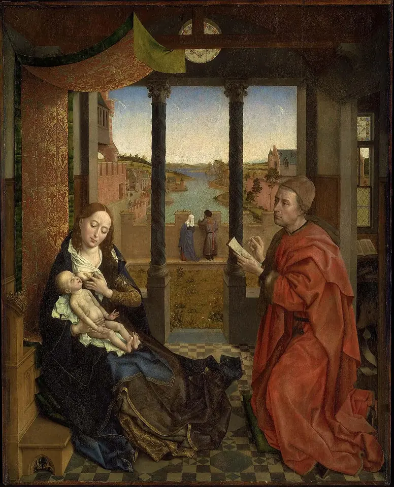 St. Luke in a red robe kneeling with a silverpoint drawing of the Virgin, who sits nursing the Child under a canopy, with a river landscape seen through the columns behind
