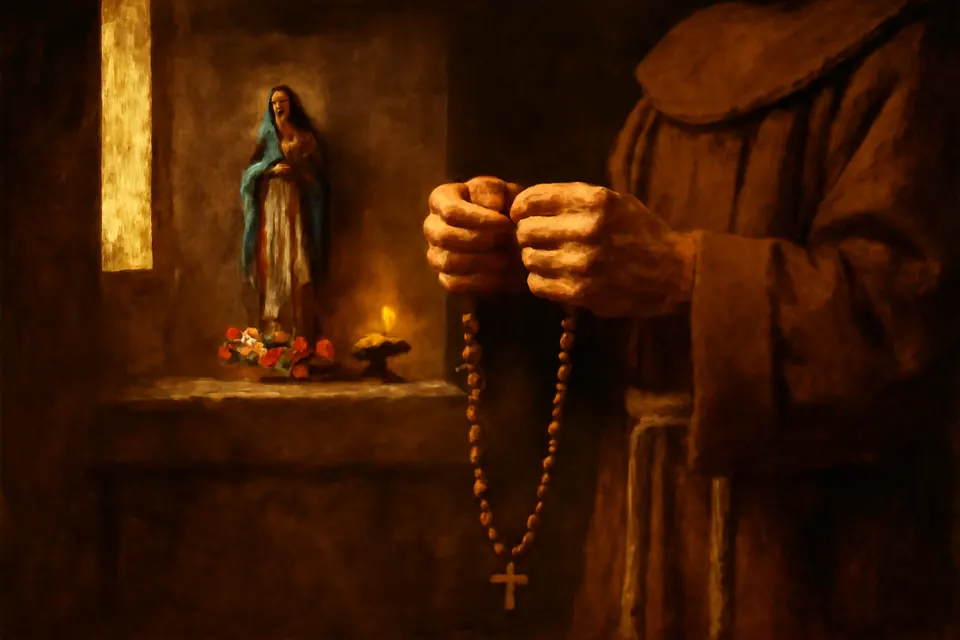 Oil-painting-style illustration of a Franciscan friar's hands holding a seven-decade wooden rosary with a San Damiano cross, beside a vase of roses before a statue of the Virgin Mary