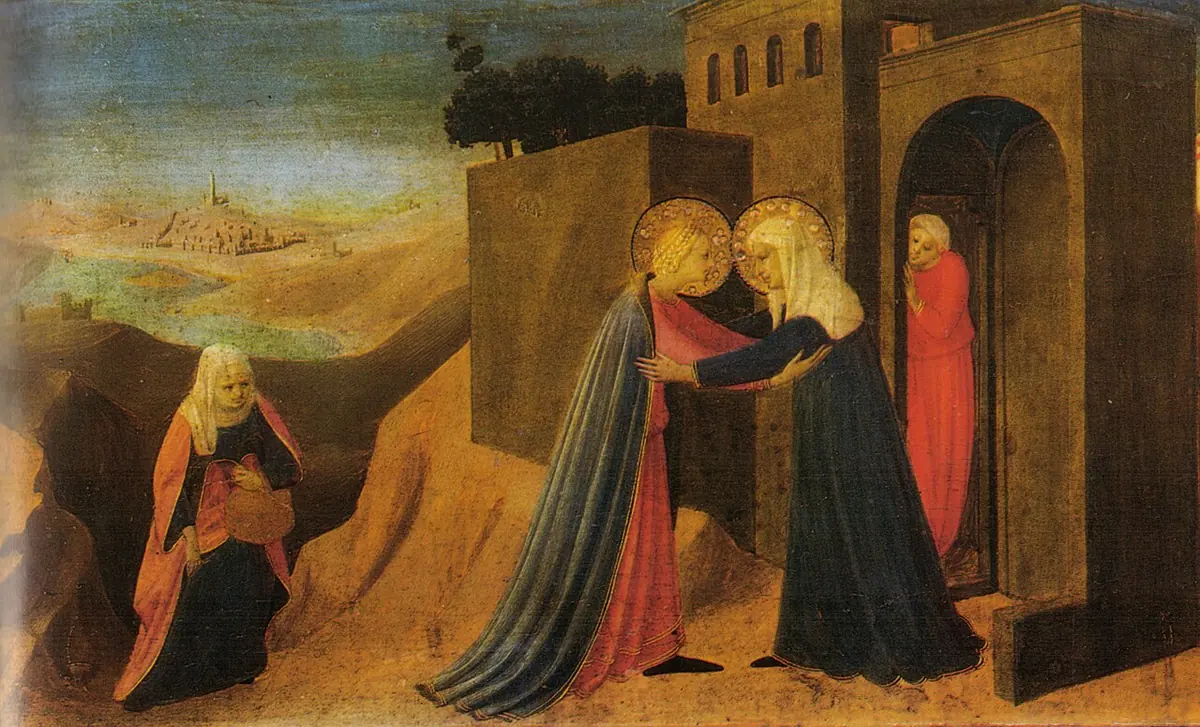 Mary in a dark blue mantle embraces her cousin Elizabeth at the door of a stone house on a hillside, while another woman climbs the path behind them