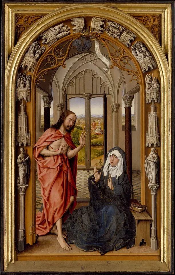 The risen Christ in a red cloak, showing his wounds and holding a banner, appears to the Virgin Mary kneeling in prayer in a vaulted room