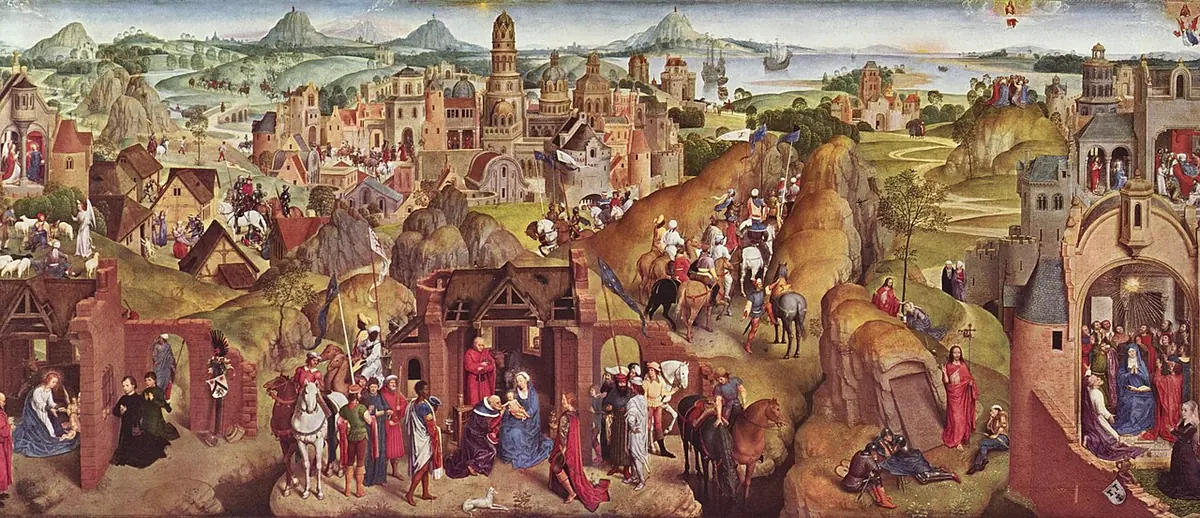 Wide panel painting of a landscape crowded with small scenes from the lives of Christ and Mary, with the journey and adoration of the Magi in the center and Pentecost and the Assumption at the upper right