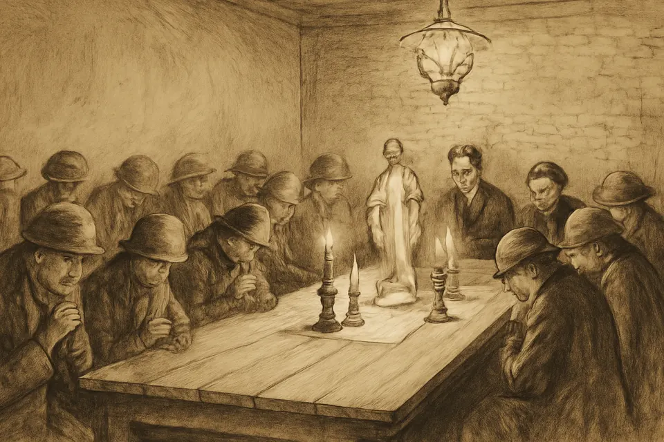 Ink-drawing-style scene of a small group of women and a young man in a 1920s suit praying around a table with a statue of Our Lady, a vase of flowers and two candles in a plain Dublin room