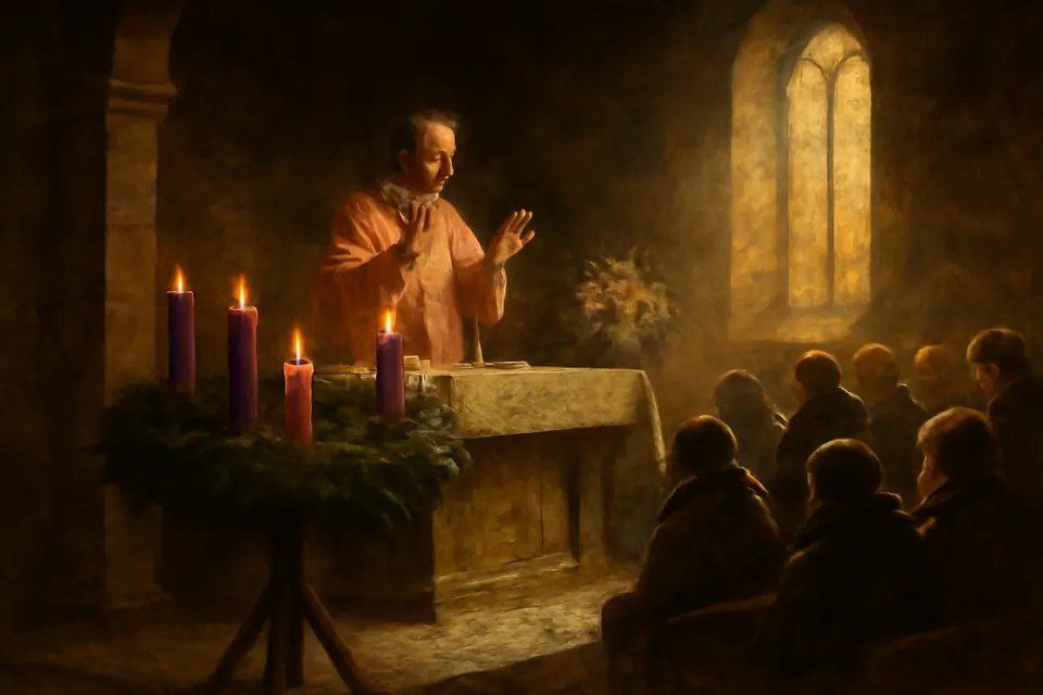 Oil-painting-style illustration of a parish sanctuary on the Third Sunday of Advent, a priest in a rose chasuble at the altar and an Advent wreath in front with two violet candles and the rose candle lit