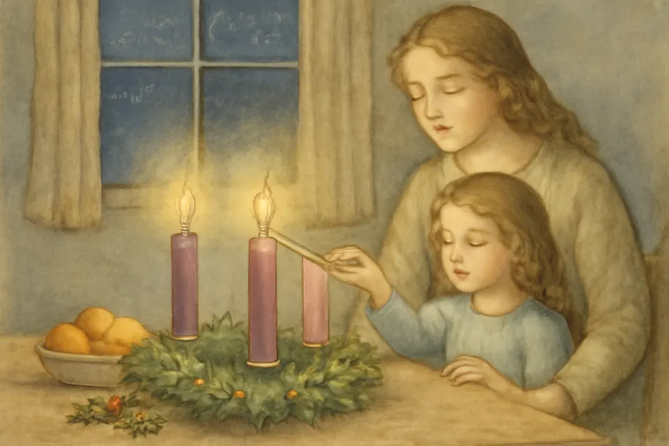 Watercolor-style illustration of a mother and her young daughter lighting the rose candle on an Advent wreath at a kitchen table in the evening, two violet candles already burning