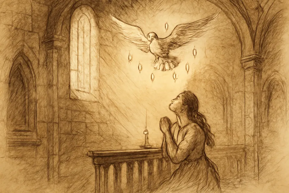 Illustration of a white dove descending in golden light with seven small flames around it above a young woman kneeling in prayer in a stone church