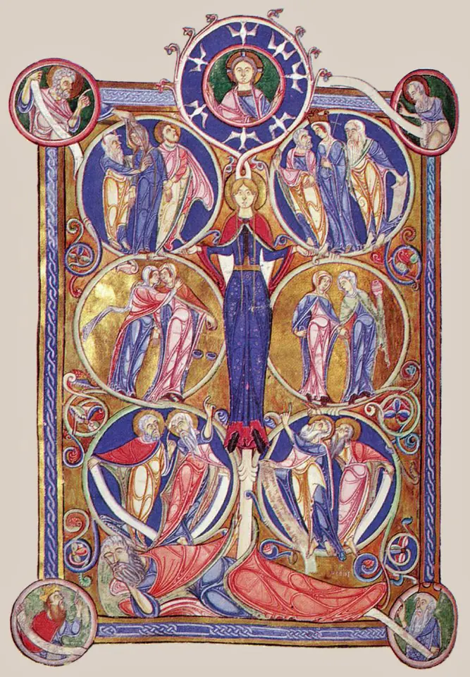 Illuminated manuscript page of a tree rising from the sleeping Jesse, with the Virgin Mary in the trunk and Christ at the top encircled by seven white doves