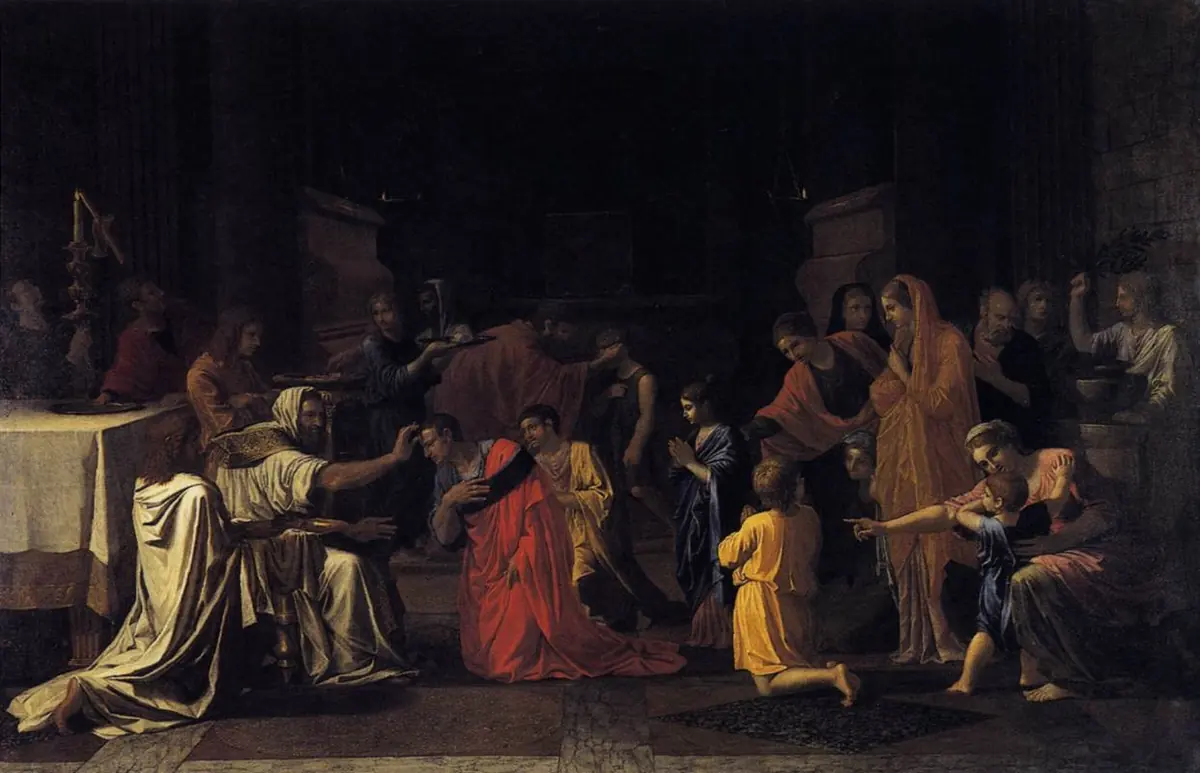 A dim early Christian church where a bishop anoints the foreheads of kneeling young people while their sponsors and families stand around them