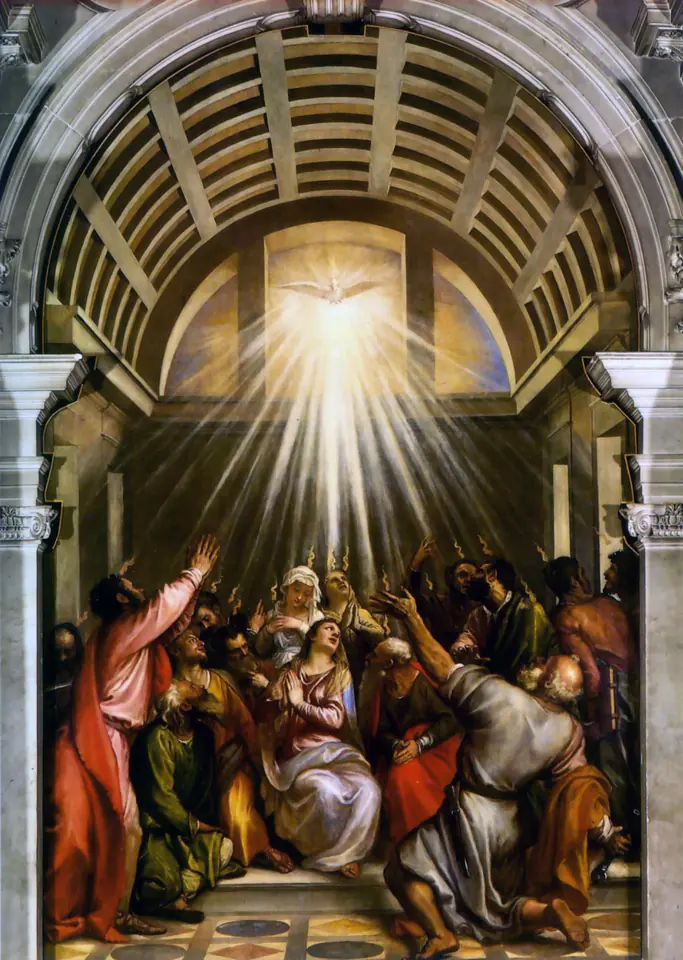 The apostles and the Virgin Mary gathered beneath a barrel-vaulted ceiling, looking up as a white dove sends rays of light and small flames down upon them