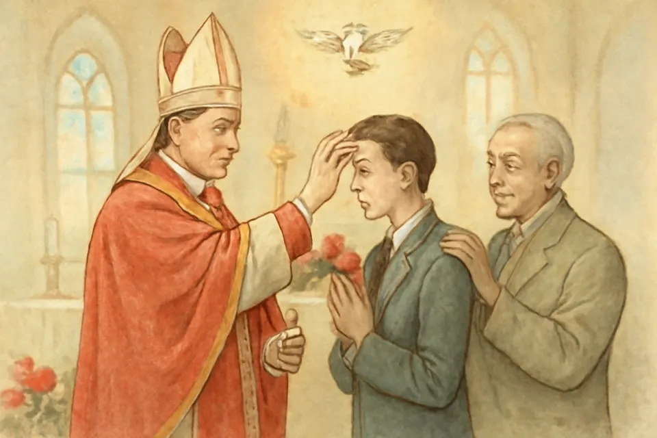 Watercolor-style illustration of a bishop tracing a cross of chrism on the forehead of a young man while his sponsor rests a hand on his shoulder
