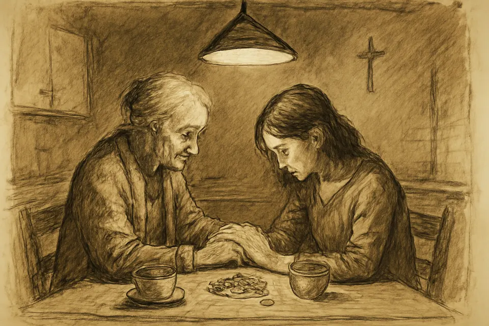 Ink-drawing-style illustration of a grandmother and her grown granddaughter praying together at a kitchen table before a hard decision