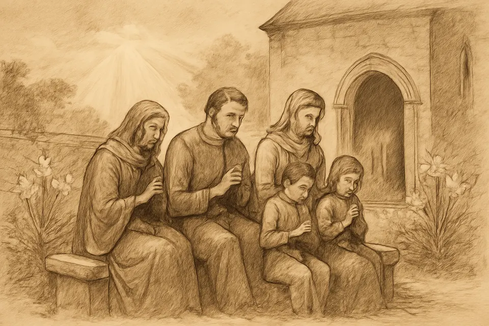 Fresco-style illustration of a family praying the rosary together on Easter morning in a sunlit garden beside a church, white lilies blooming around them