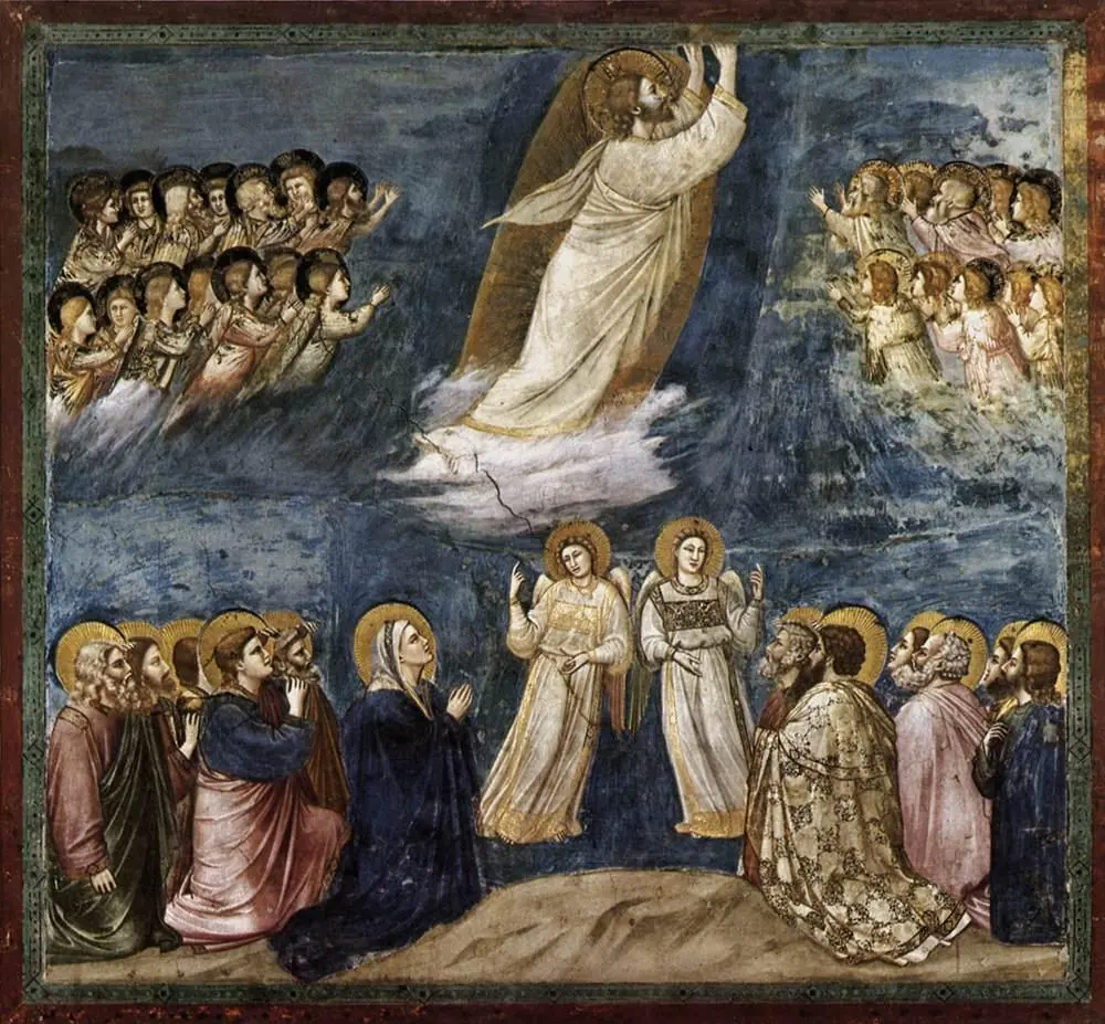 Christ rises into a deep blue sky surrounded by choirs of angels, while Mary and the apostles kneel on the ground below and two angels in white point upward