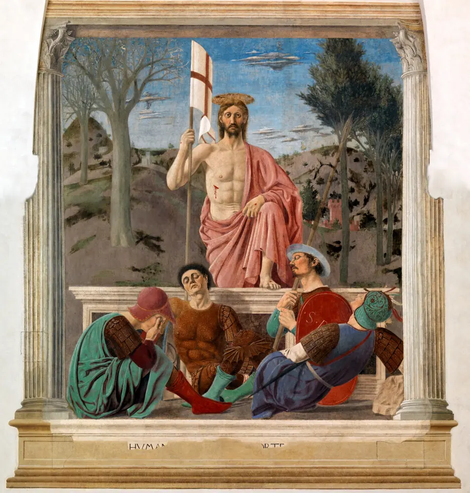 The risen Christ in a pink mantle stands with one foot on the edge of his tomb, holding a banner with a red cross, while four Roman soldiers sleep below against the stone