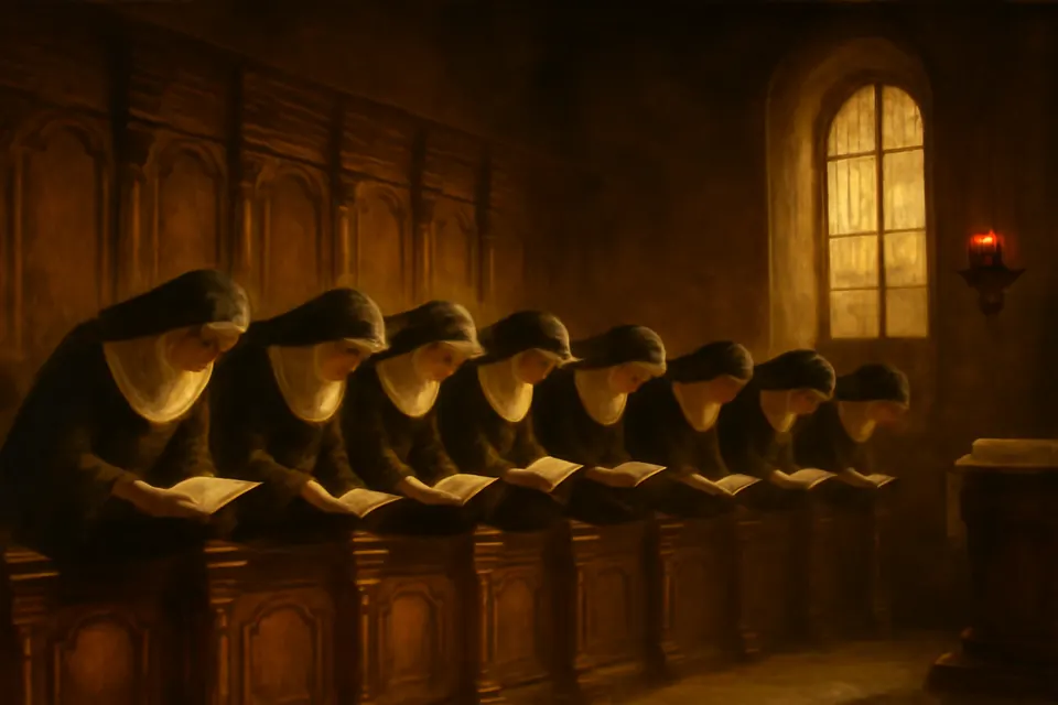 Oil-painting-style illustration of a small group of nuns bowing deeply in their choir stalls as they sing the Glory Be at evening prayer