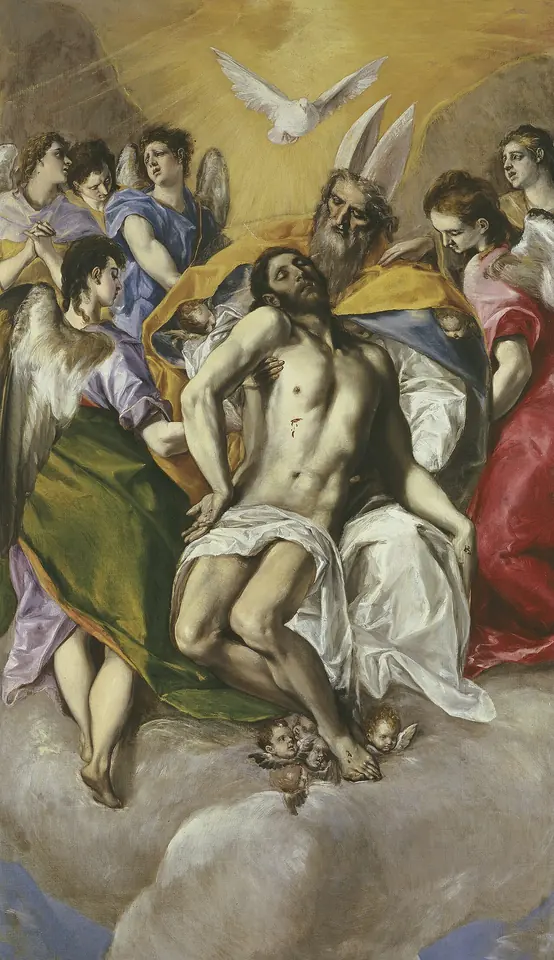 God the Father, crowned and robed, holds the body of the dead Christ in his arms among clouds, with the dove of the Holy Spirit above and angels gathered around