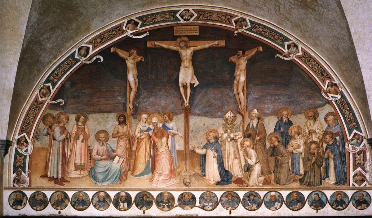 Wide fresco of Christ crucified between the two thieves against a deep red sky, with the Virgin fainting in the arms of the holy women on the left and a crowd of kneeling and standing saints on the right