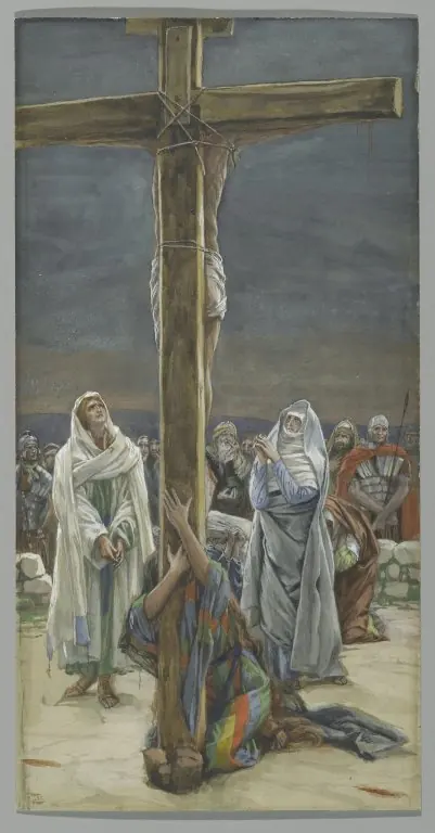 Watercolor of the foot of the cross, with the Virgin Mary standing wrapped in a pale mantle beside St. John while Mary Magdalene kneels and clings to the wood