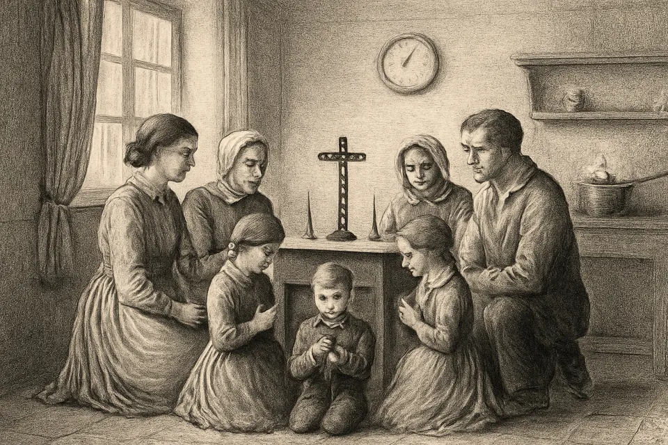 Engraving-style illustration of a family kneeling in silent prayer before a crucifix on a kitchen table at three o'clock on Good Friday afternoon