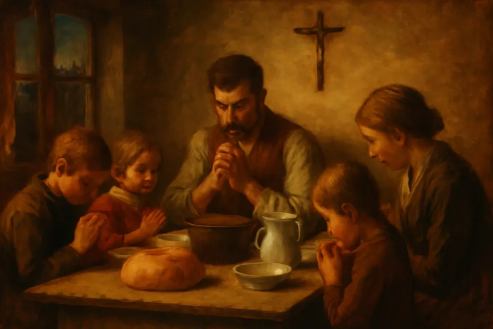 Ilustración en estilo óleo de una familia de cinco personas que inclina la cabeza y junta las manos para bendecir la mesa, con pan y sopa servidos en la cocina