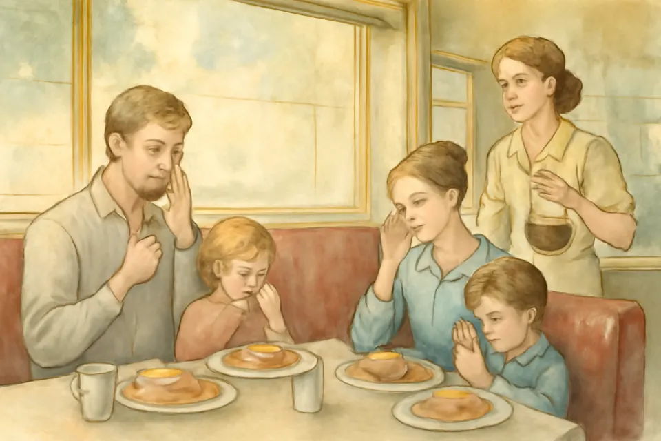 Ilustración en estilo acuarela de una familia joven que se santigua antes de comer en un restaurante mientras una mesera sonríe