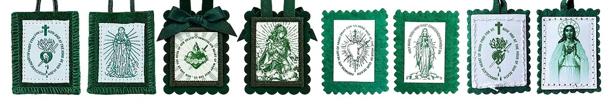 A row of eight small green cloth panels, four scapulars shown on both sides, alternating images of the Virgin Mary and of a pierced heart