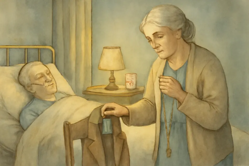 Watercolor-style illustration of an elderly woman quietly slipping a small green scapular into the pocket of a coat hanging by a hospital bed while her sleeping husband rests