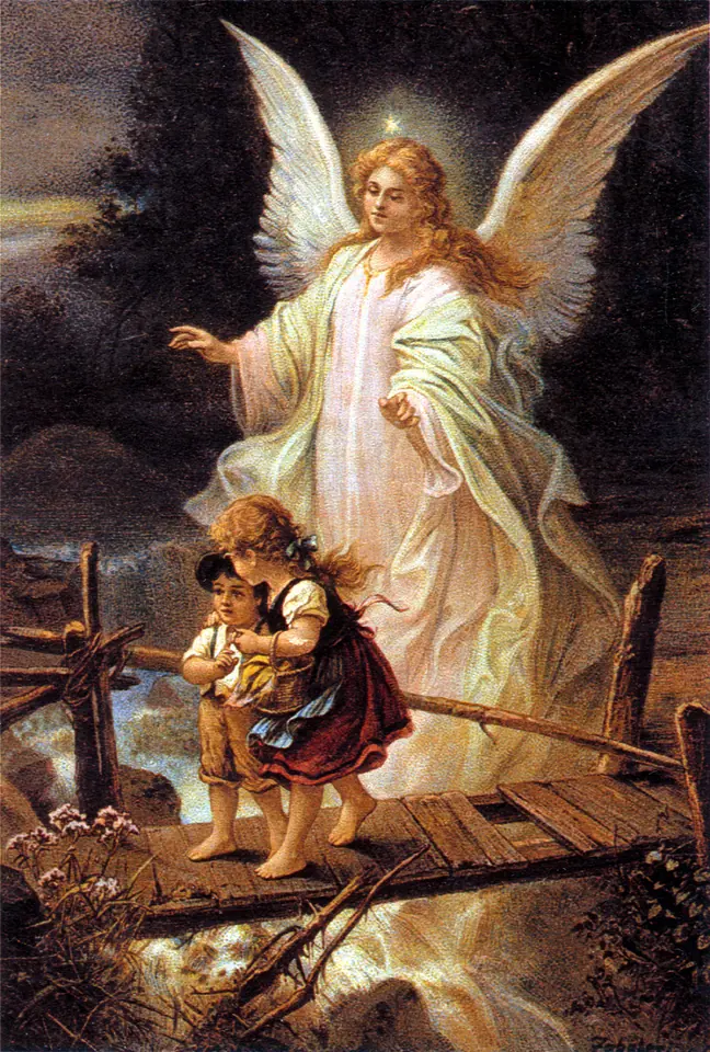 A glowing angel with white wings stands behind a boy and a girl crossing a broken wooden footbridge over a rushing stream at night