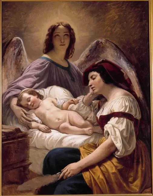 A winged angel bends over a sleeping baby and its mother, who has dozed off beside the cradle with her sewing in her lap