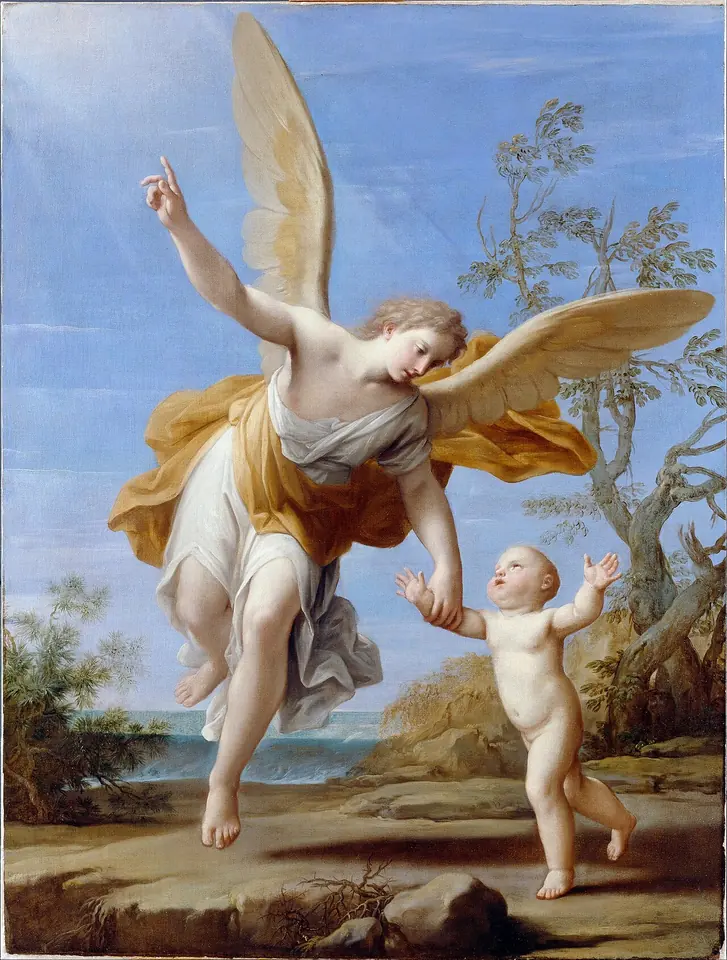 An angel in a golden cloak points upward and holds the hand of a small child running beside him along a rocky shore