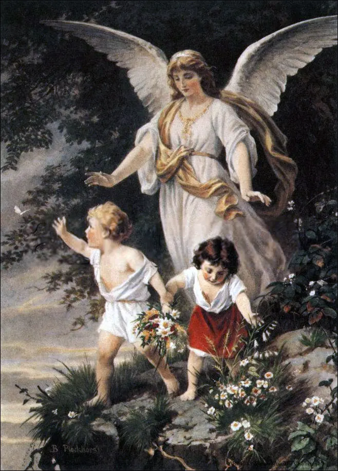 A white-robed angel with spread wings watches over two small children picking flowers at the edge of a steep cliff