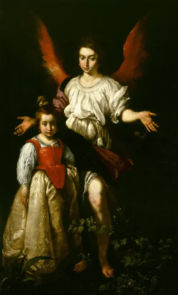A dark-winged angel in a white shirt stands behind a little girl in a red bodice and gold skirt, sheltering her with outstretched arms