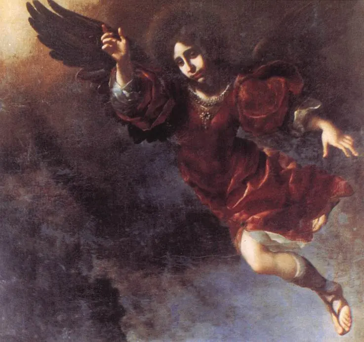 Painting of a dark-haired angel in a deep red robe gliding through clouds and pointing upward