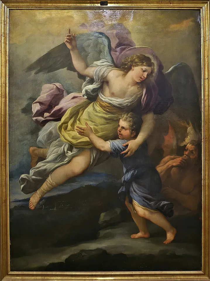 Baroque painting of an angel in swirling robes sweeping a frightened boy away from a lurking devil