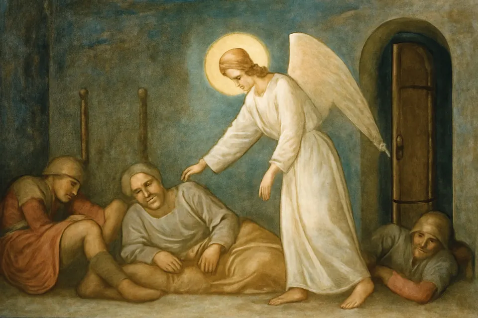 Fresco-style illustration of an angel waking St. Peter in prison as his chains fall from his wrists