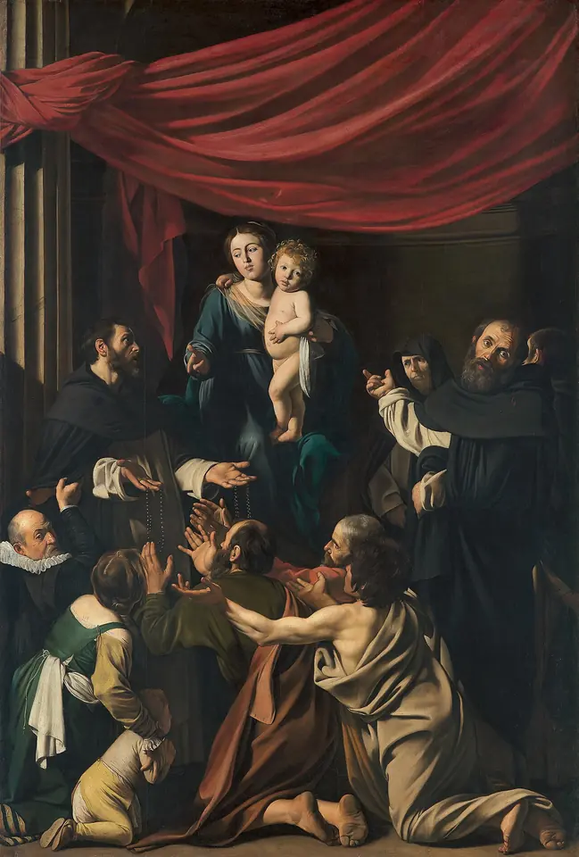 The Virgin Mary seated high with the Christ Child on her lap under a red drapery, while St. Dominic and other Dominican friars hold out rosaries to a crowd of barefoot poor people kneeling and reaching up