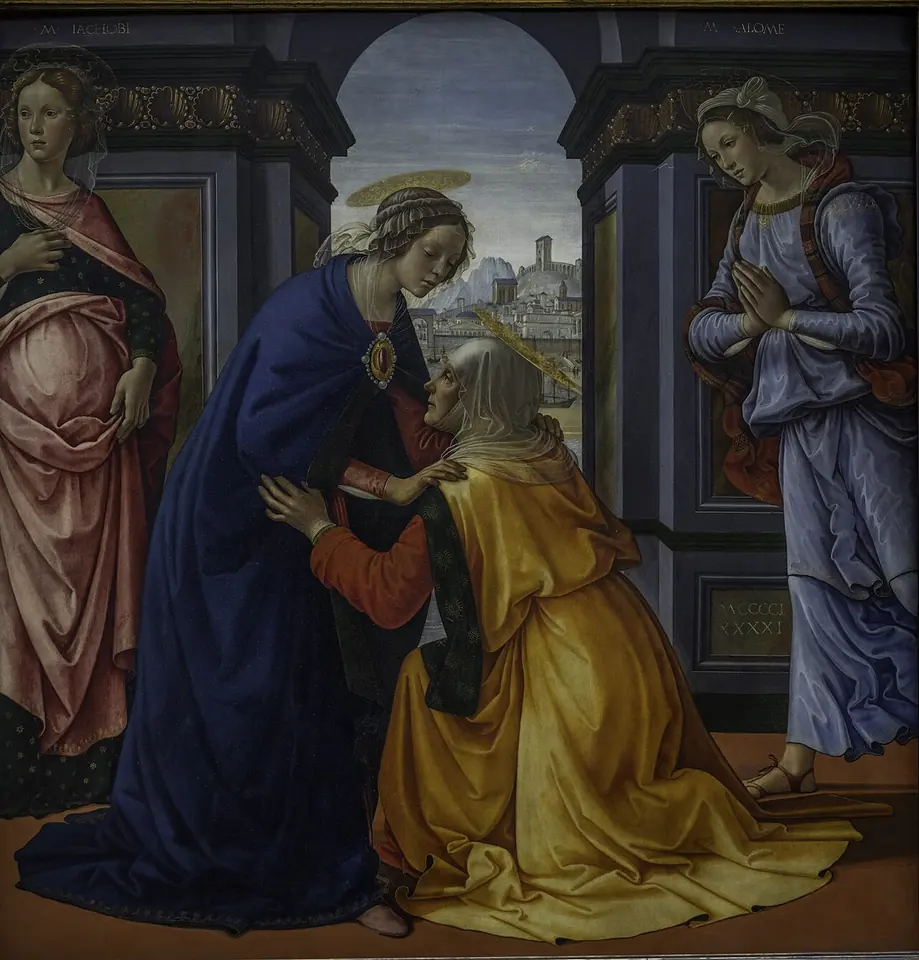 The young Virgin Mary in a dark blue mantle bends to embrace the elderly St. Elizabeth, who kneels before her in a golden robe, with two women standing on either side under a classical arch