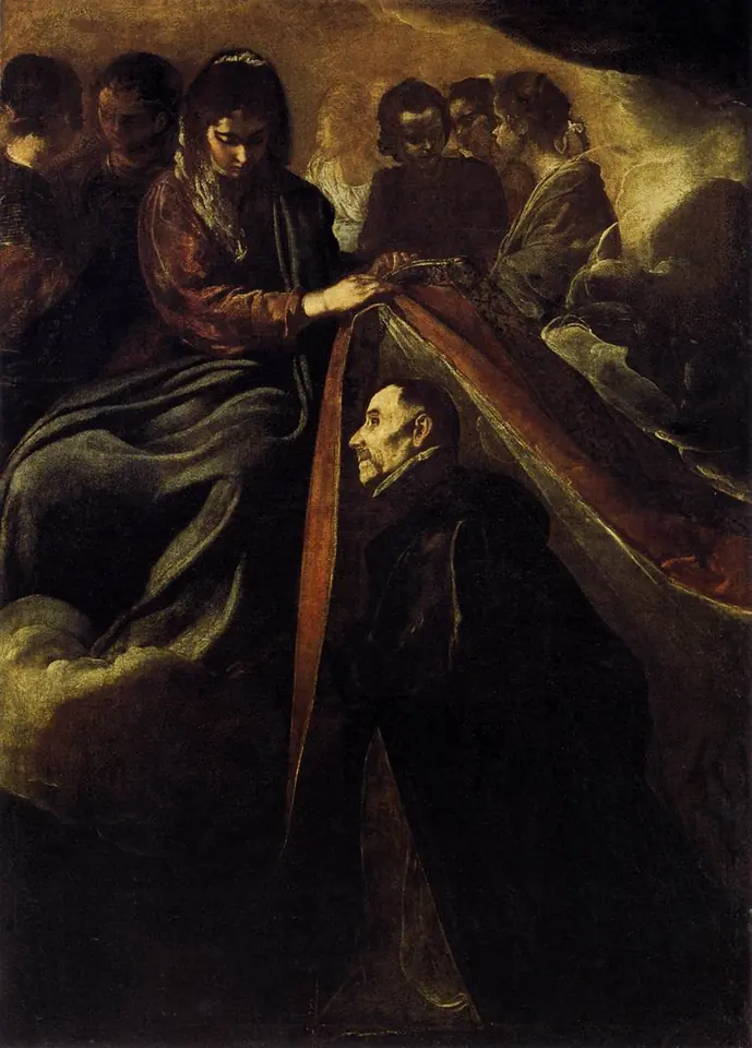 Dark painting of the Virgin Mary, surrounded by shadowy attendant women, laying a chasuble over the shoulders of a kneeling bishop