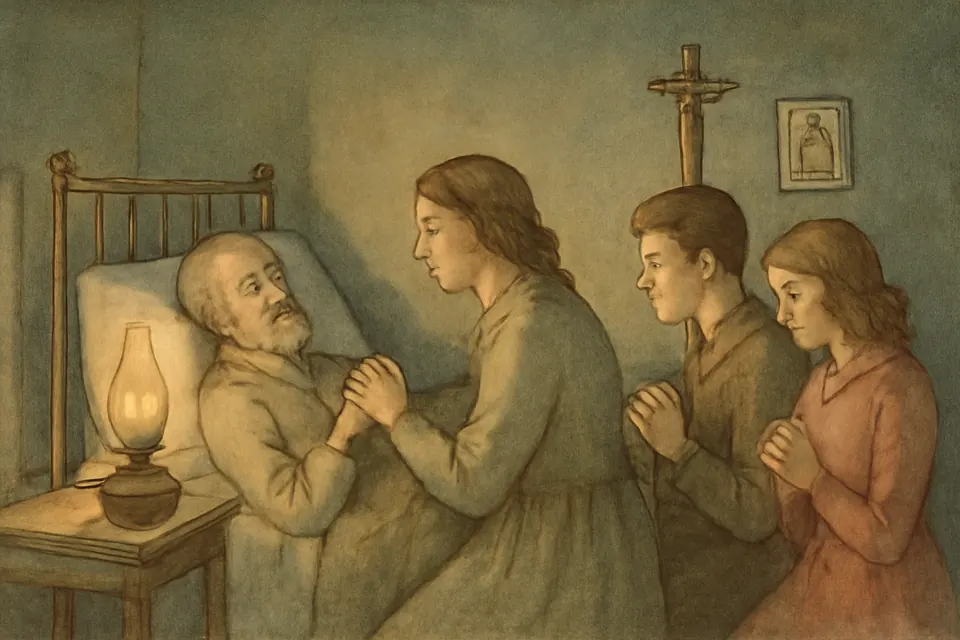 Watercolor illustration of a family kneeling around an old man's bed praying the rosary with him by lamplight