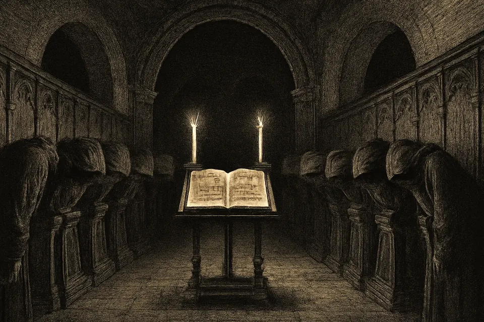 Engraving-style illustration of Benedictine monks in black habits bowing in their choir stalls as they chant the Little Office of Our Lady by candlelight