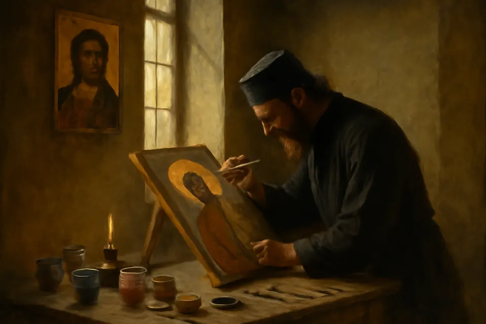 Icon-style illustration of an iconographer in a monastery workshop laying gold leaf on the halo of an unfinished icon of a saint