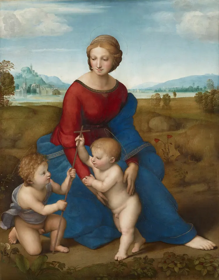 Painting of the Virgin Mary in red and blue seated in a green meadow with the infant Jesus and the young John the Baptist, a thin gold ring floating above each head