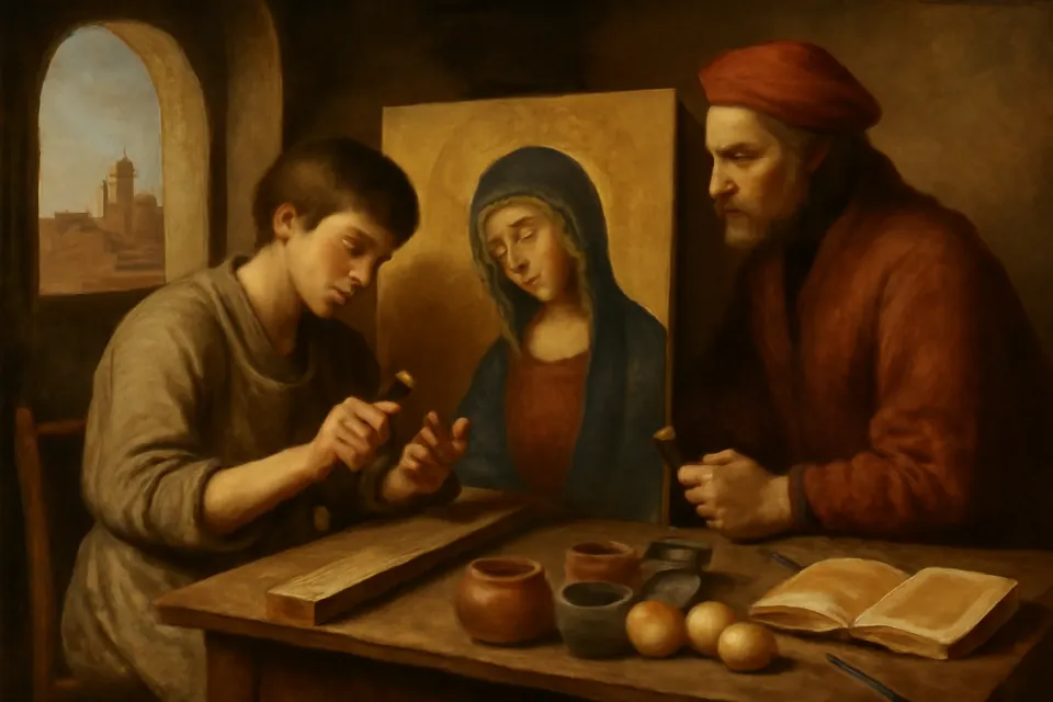 Oil-painting-style illustration of a 14th-century painter's apprentice tooling a pattern into the gold halo of an altarpiece with a small punch and hammer