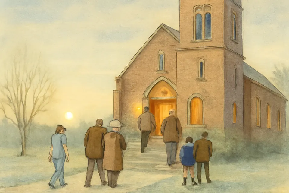 Illustration of parishioners climbing the steps of a brick parish church for an early weekday Mass on a holy day, with the doors open and lights on inside
