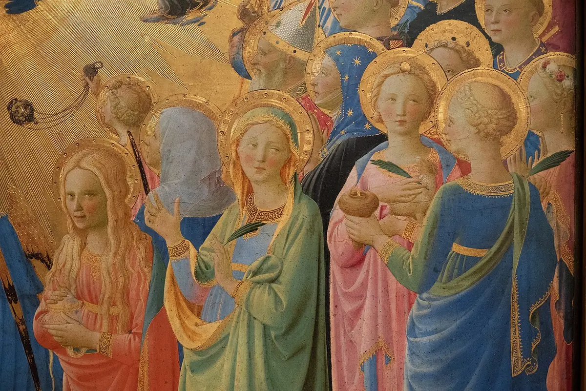 Close detail of a gold-ground painting showing a crowd of haloed women saints in pink, green and blue robes, some holding palms and symbols of their martyrdom