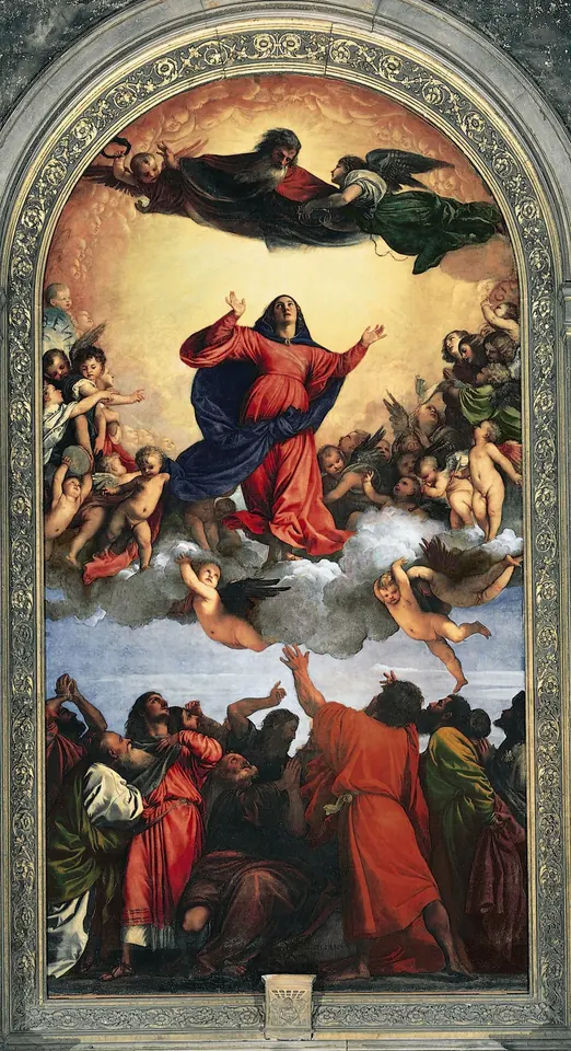 Tall arched altarpiece in which Mary in a red dress and blue cloak rises on a cloud full of small angels toward God the Father, while the apostles below reach up after her