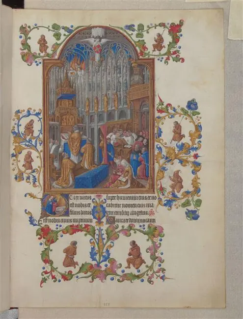 Illuminated manuscript page showing a priest at the altar of a Gothic church during Mass, with a great organ above and worshipers kneeling, framed by painted flowers