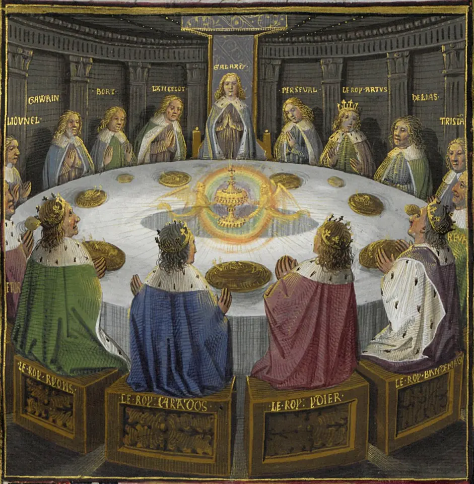 Manuscript painting of knights seated around a round table looking up at a veiled golden vessel held aloft by two angels