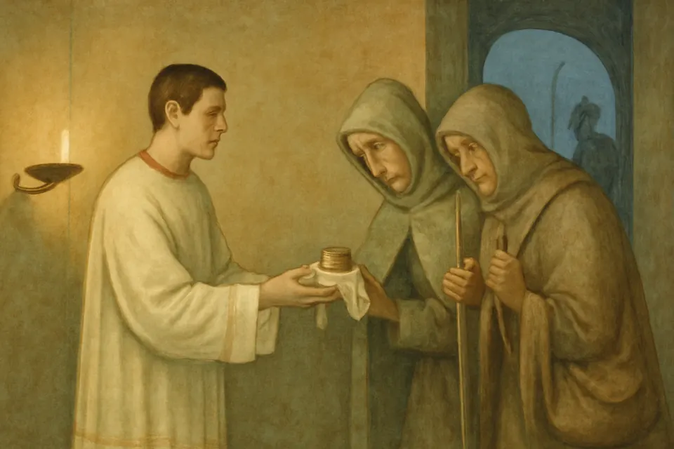 Fresco-style illustration of the deacon St. Lawrence in 3rd-century Rome handing a wrapped cup to two travelers bound for Spain, as tradition tells